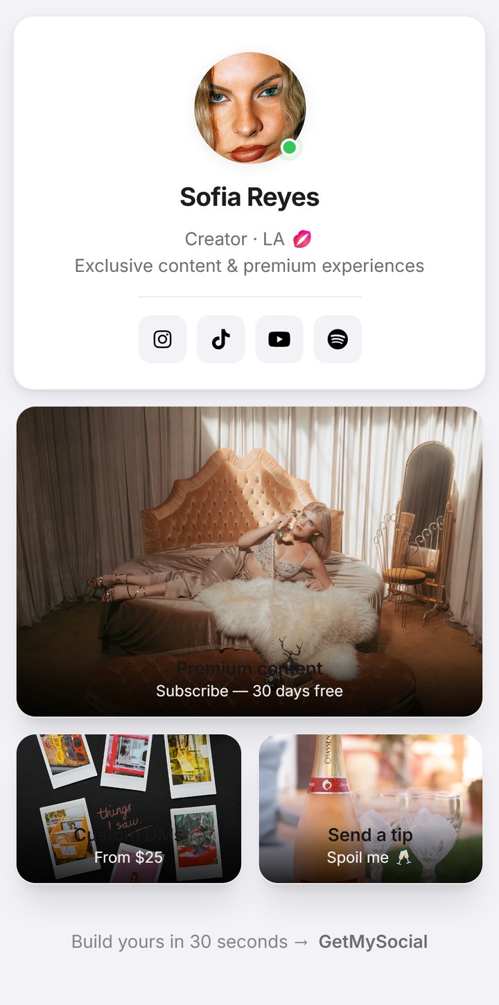 A GetMySocial landing page — creator profile with bento-style conversion tiles